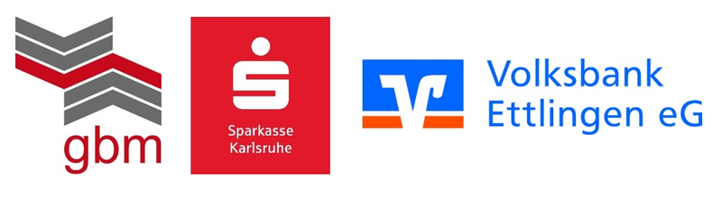 Das Bild zeigt die Logos der Firma gbm, der Sparkasse Karlsruhe und Volksbank Ettlingen